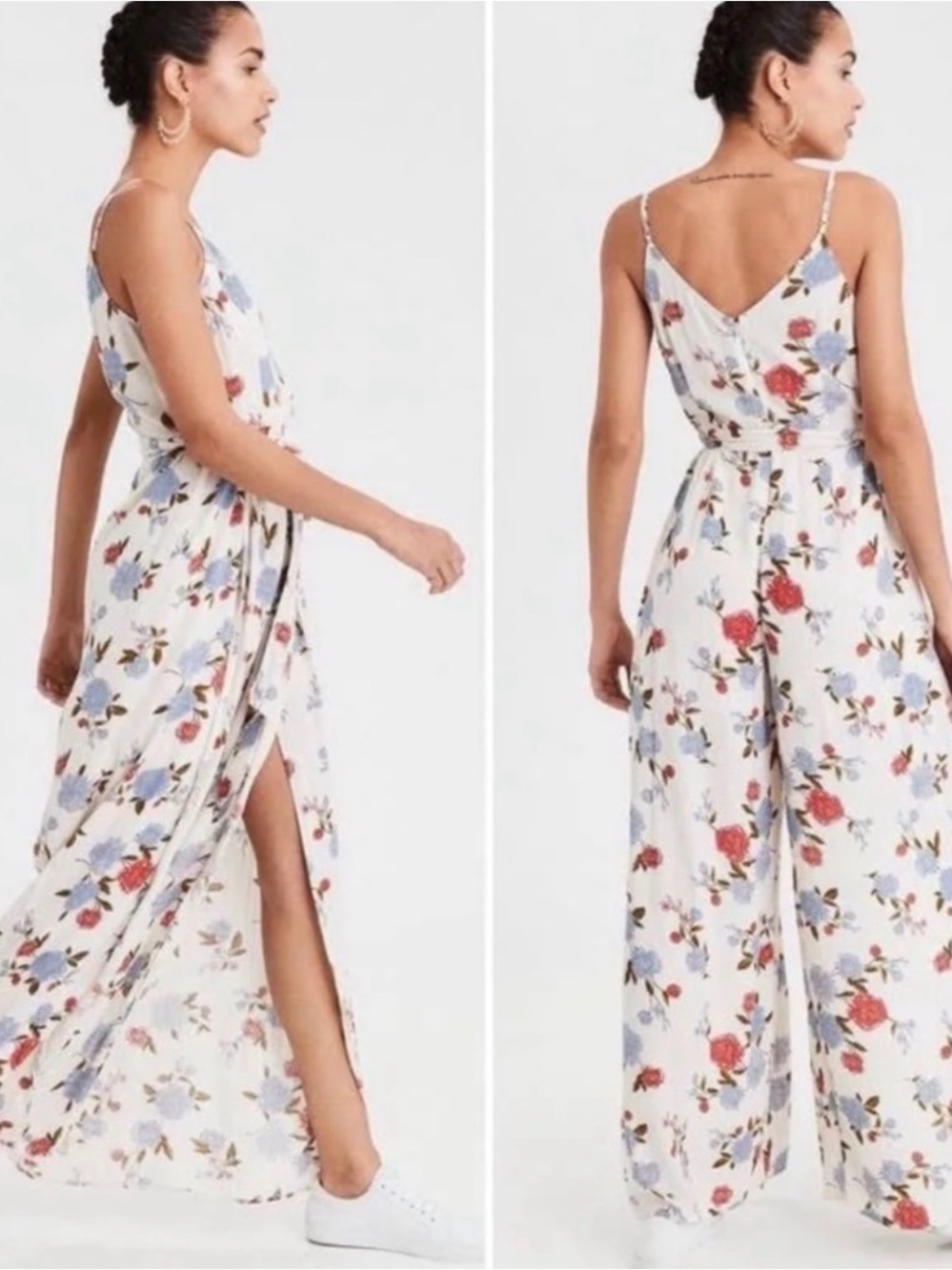 American Eagle Outfitters White Floral Wrap-Front Wide-Leg Jumpsuit